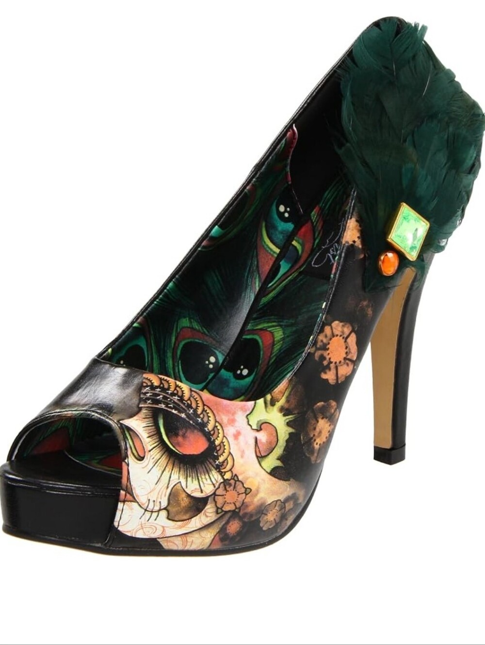 Iron Fist Vanity Fair Sugar Skull Feather Platform Heels Peep Toe Black Size 8 - Picture 3 of 16